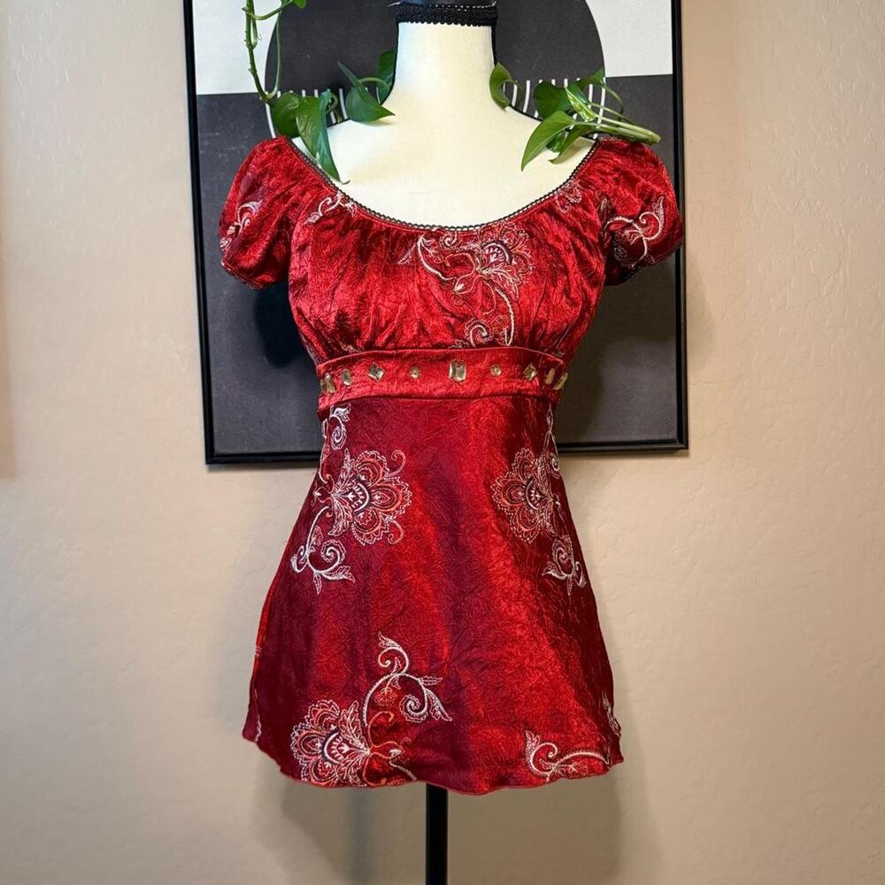 Y2K Red Satin Embroidered Babydoll Top Fairycore Whimsigoth Small